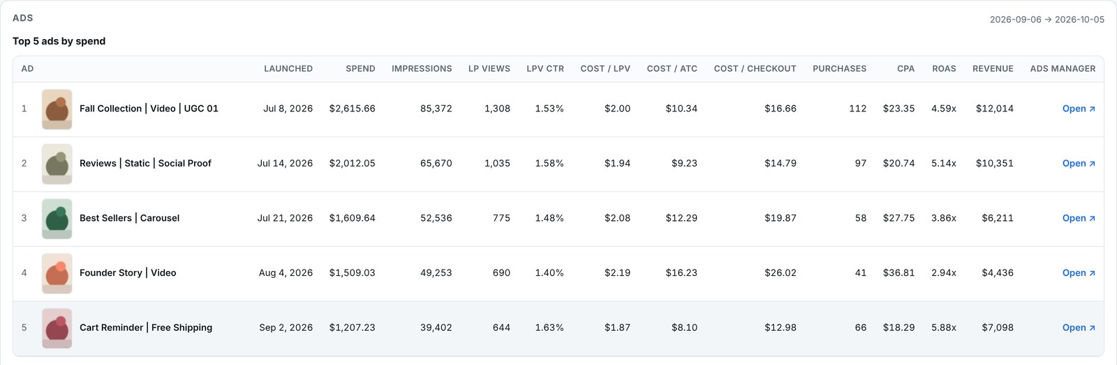 Top 5 ads by spend table with creative thumbnails, spend, landing page views, cost per add to cart and checkout, purchases, CPA, ROAS and revenue (sample data)
